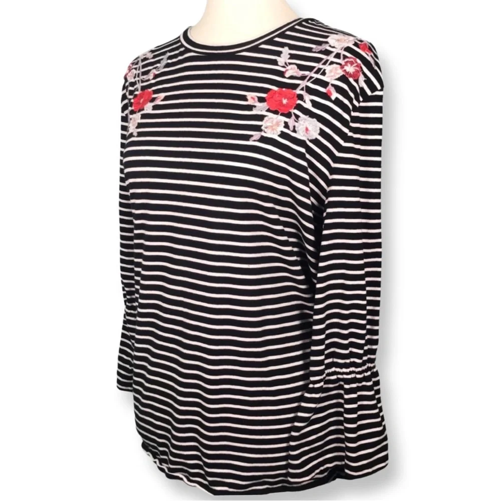 LOFT Striped Long Sleeve Top with Red Floral Embroidery - Picture 7 of 9